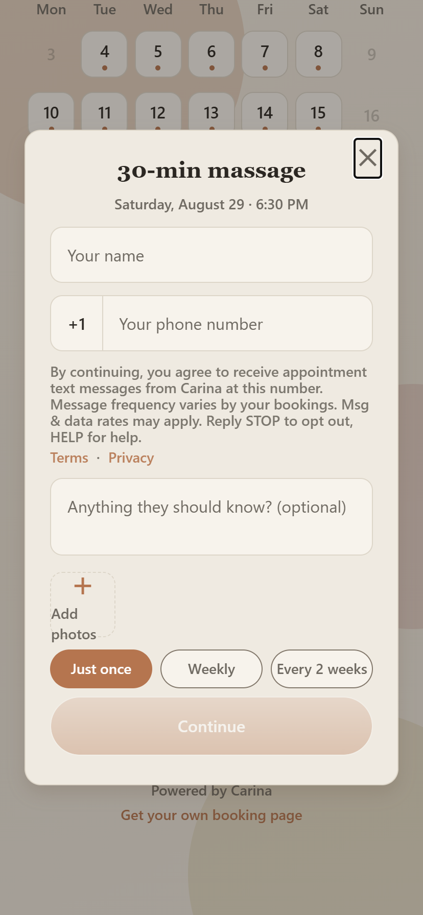 Screenshot of the Carina customer booking form, showing the service and appointment time, the Your name field, the phone number field, and the SMS consent disclosure directly beneath the phone number field.